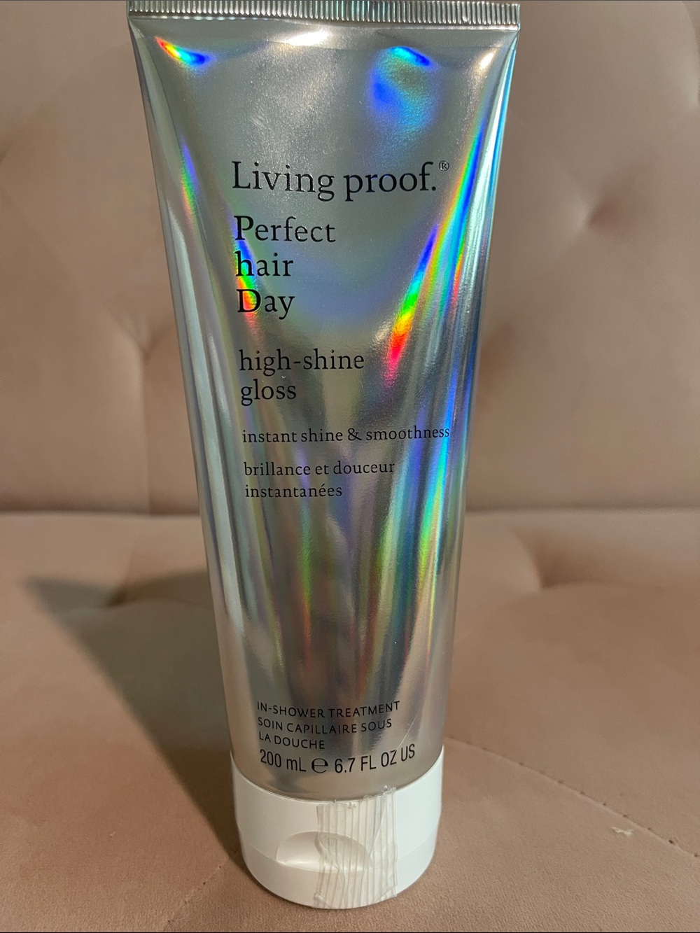 Living Proof Perfect Hair Day High-Shine Gloss — Silver Holographic Tube